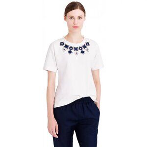 J.Crew Structured Gem Necklace T-Shirt White Blue Jeweled Embellished Small